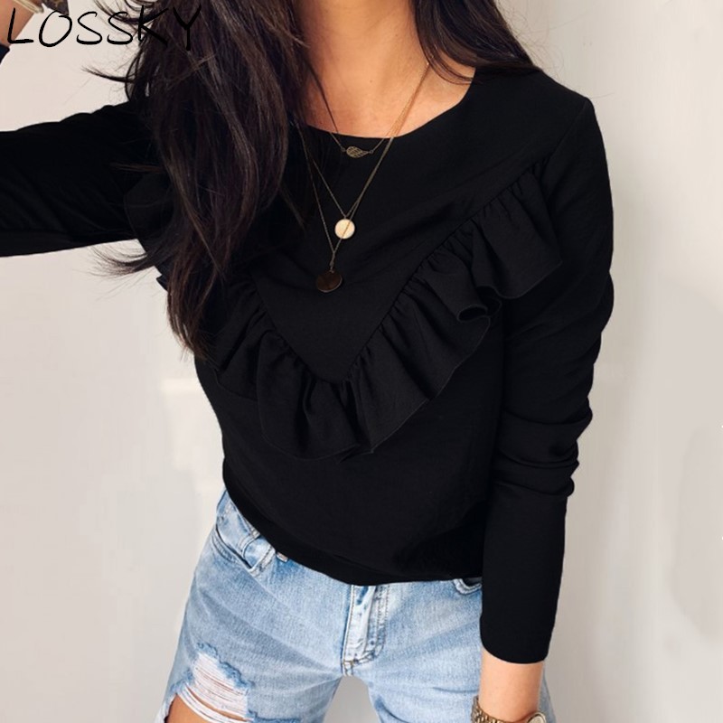 Women's Autumn Spring Ruffles Frill White Shirt Blouse Casual Round Neck Long Sleeve Elegant Slim Female Chic Tops Blusas Shirts 210507