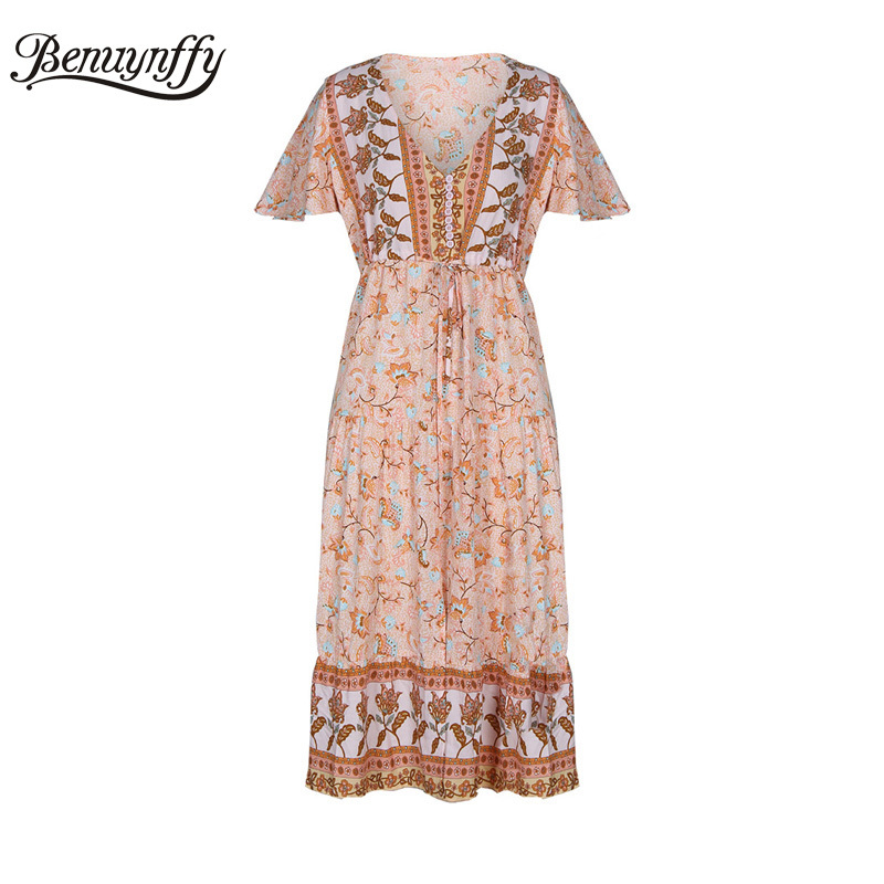 V-neck Button Detail Tie Waist Dresses Women Summer Holiday Boho Short Sleeve Floral Print Split Long Dress 210510