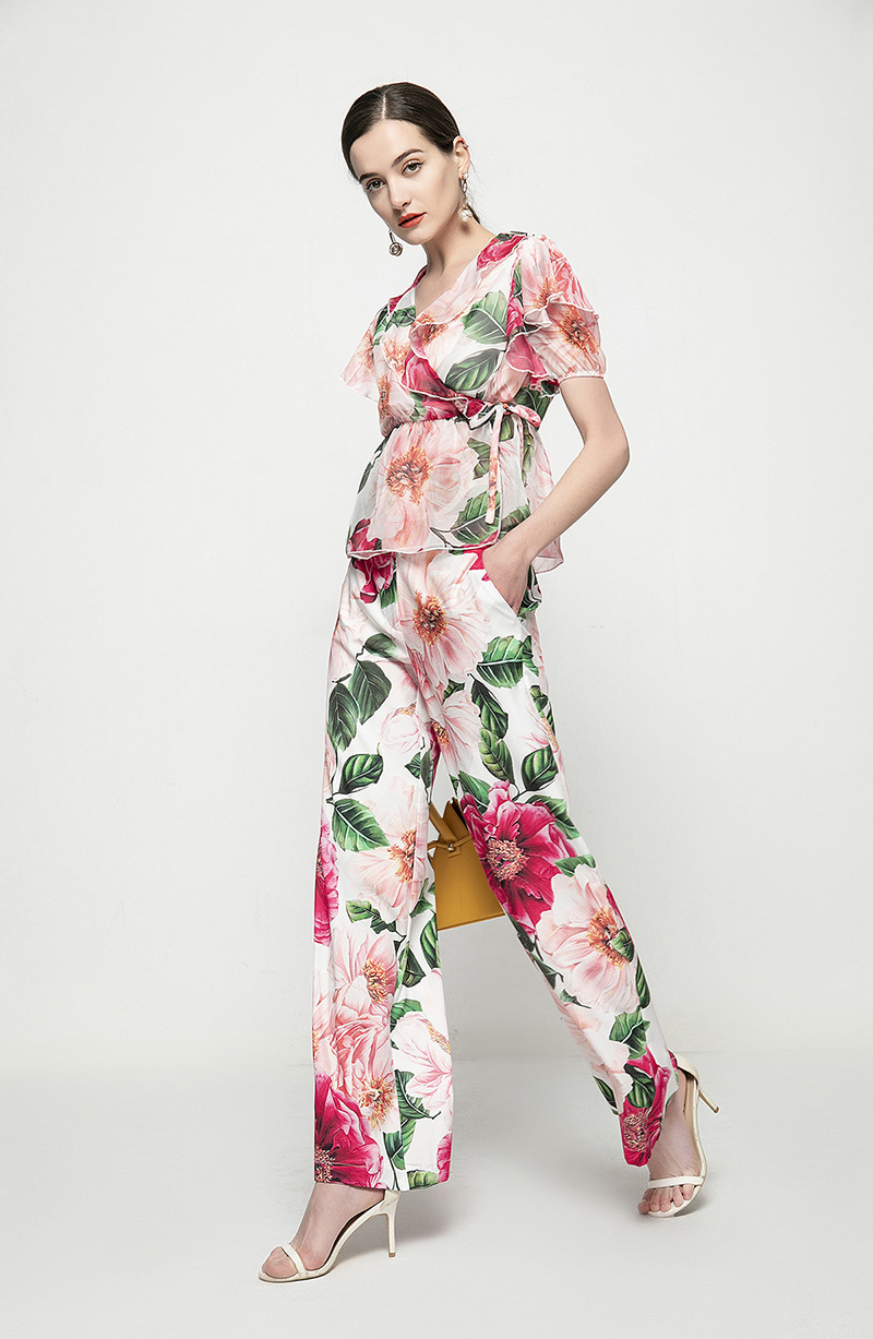 Women's Two Piece Pants Sets Turn Down Collar Short Sleeves Ruffles Blouse Tops with Floral Long Pant Fashion Runway Twinsets