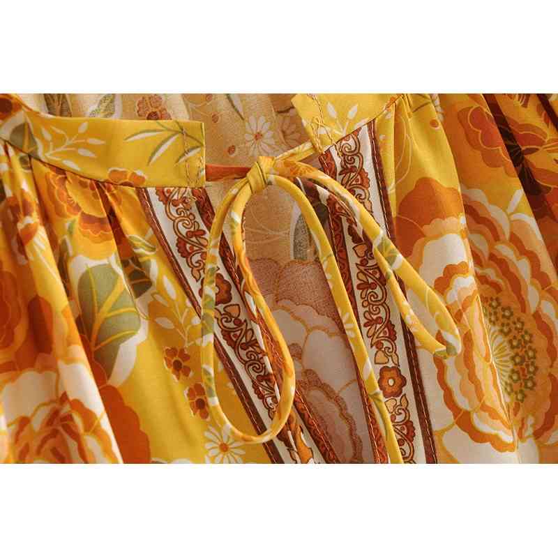 Bohemia Bandage Lacing up V Neck Floral Print Long Sleeve BOHO Dress Hippie Women Loose Straight Short Dresses Holiday Gold 210429