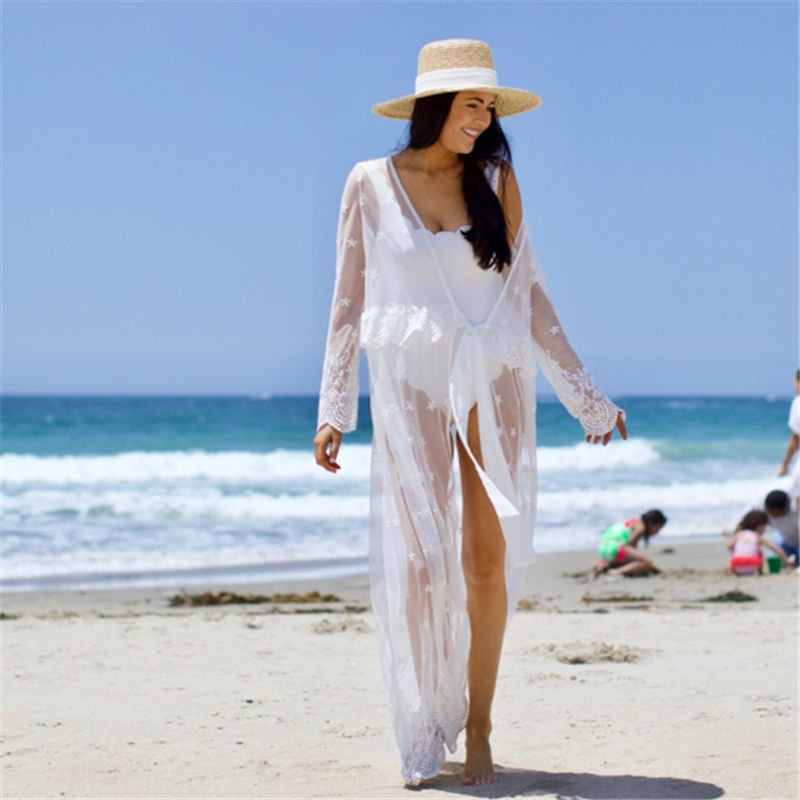 Tunics for beach Long Lace Beach Dress Women Swim Cover up Plus size Saida de Praia Robe Plage Kaftan #Q1027 210420