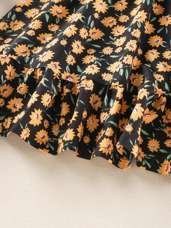 Girls Allover Floral Print Square Neck Ruffle Hem Dress SHE