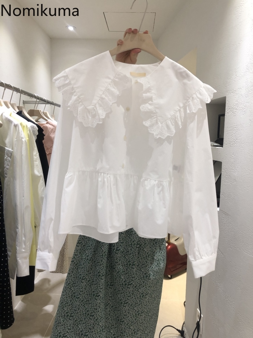 Nomikuma Women Blouse Lace Patchwork Peter Pan Collar Long Sleeve Shirt Spring New Causal Sweet Short Blusas Mujer 6E936 210427