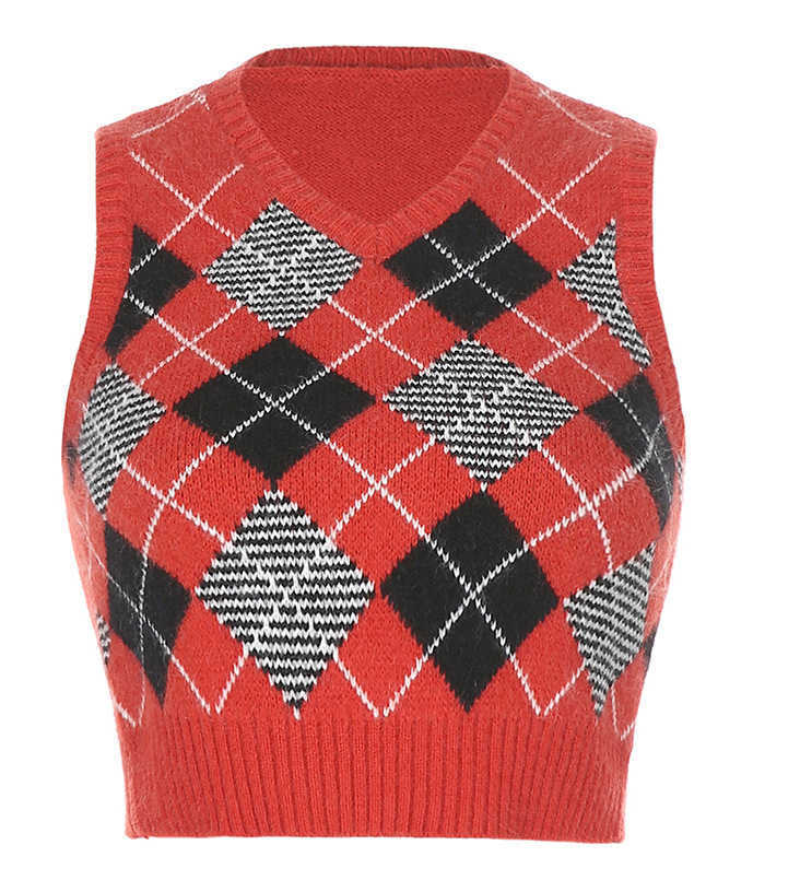 Colete Feminino Summer Women est Sleeveless V-neck Plaid Knitted Vest for Teens Girls Casual Crew Neck Tops Veste Sans Manche 210604