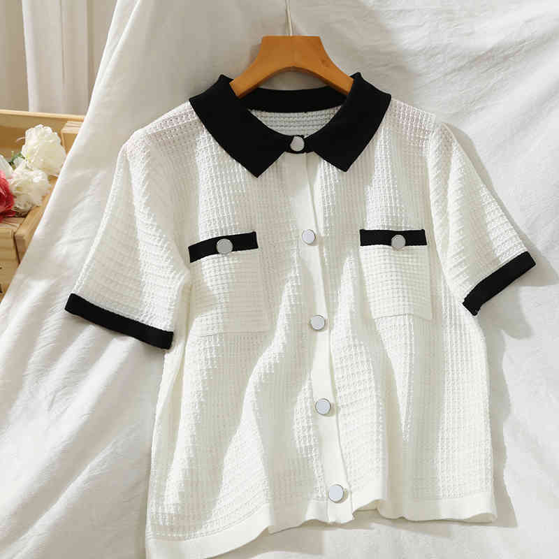 Casual Knitted T Shirt Women Short Sleeve Korean Fashion Turn-down Collar T-shirt Ladies Tops Tees 210519