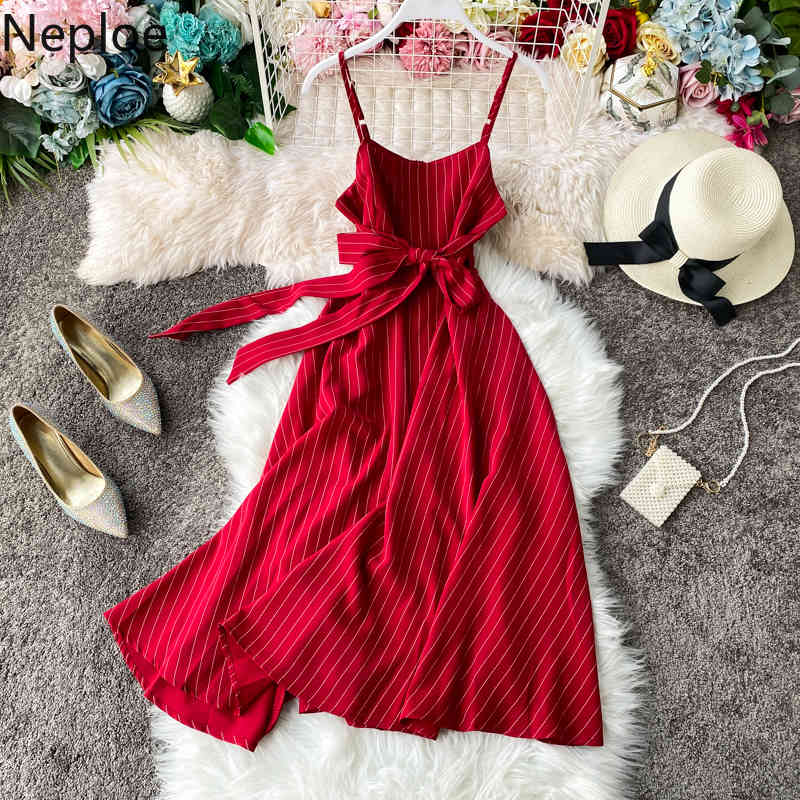 Summer Holiday Beach Sleeveless Camis Dress High Waist Hip Striped A Line Vestido Slim Lace Up Bow Ropa 210422