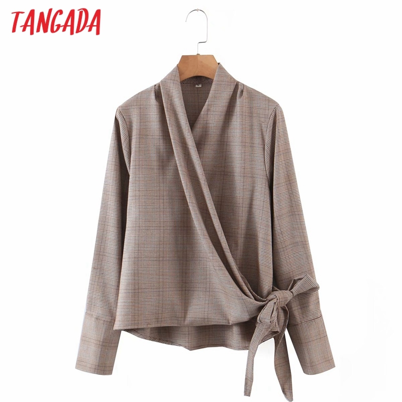 Women Plaid Pattern Thick Shirts Bow Long Sleeve Pearl Buttons Elegant Office Ladies Blouses QD02 210416