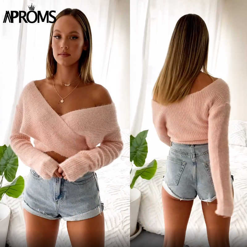 Aproms Pink Fluffy Knitted Sweater Women Autumn Winter V-neck Wrap Front Basic Cropped Pullovers Fashion Outerwear Jumper 210918