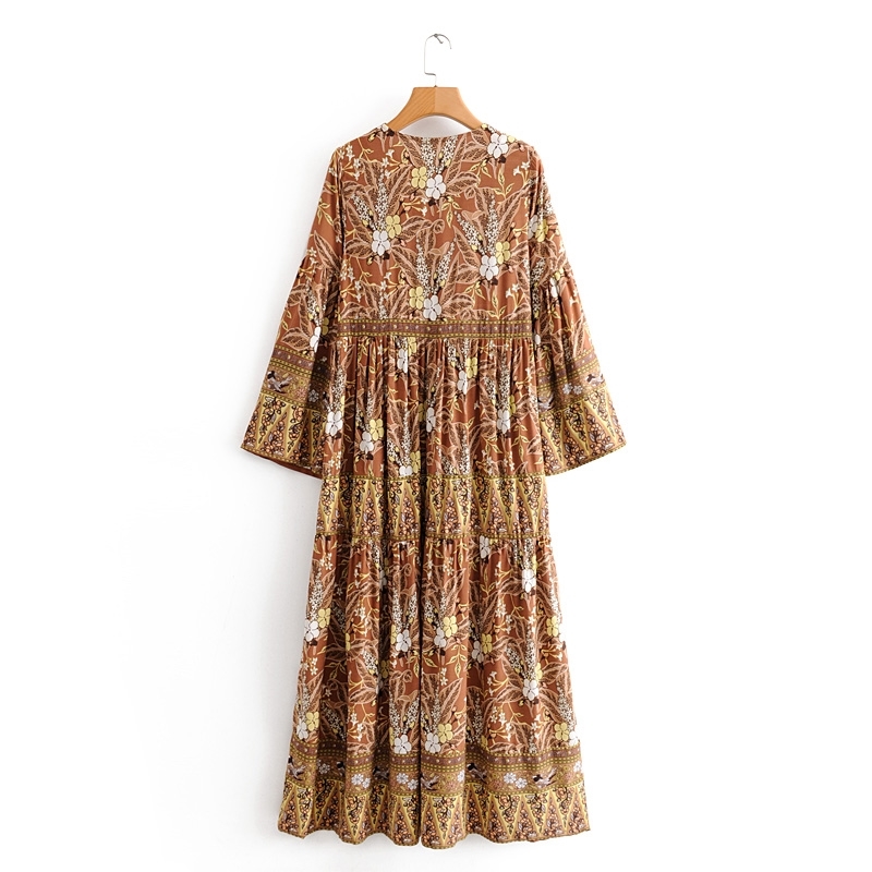 beauty Fashion Boho Vintage Floral Print Maxi Dress Women Beach Chic Pagoda Sleeve Dresses Female Vestido De Moda 210514