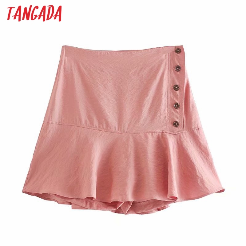 Women Pink Solid Skirt Summer Buttons Ruffles Casual Shorts Pantalones 4N24 210416