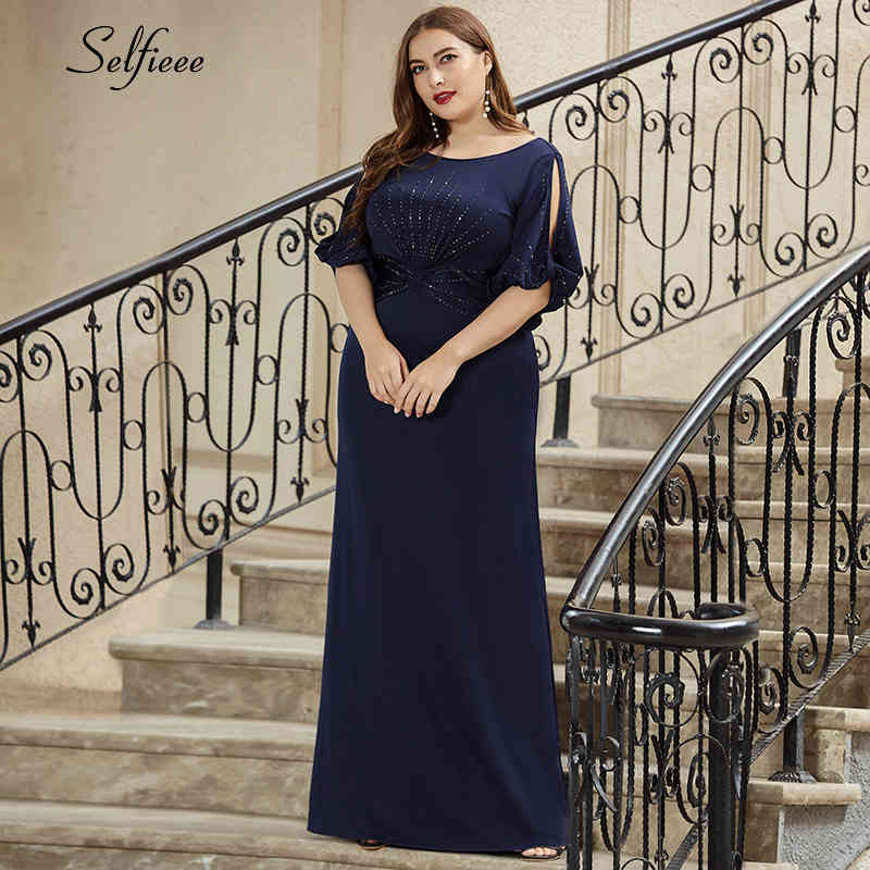 Plus Size Women Dress Mermaid Beaded Half Sleeve O-Neck Bodycon Evening Party Dress Ladies Long Formal Dress Vestido De Festa 210331