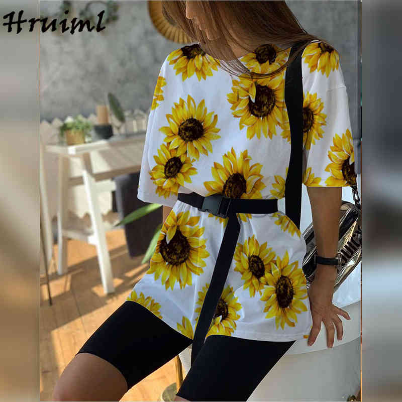 Sunflower Printing Clothes Women Casual Fashion Loose Short Sleeve Two-piece Suit Elastic Waist Pullover Ubrania Damskie 210513