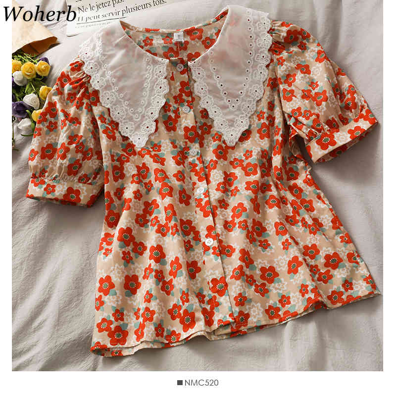 Floral Blusas Mujer Office Ladies Summer Tops Turn-down Collar Sweet Women Blouses Vintage Korean Print Cute Shirts 210519