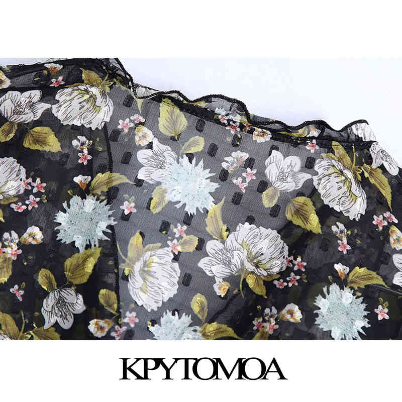 Women Fashion Semi-sheer Floral Print Ruffled Blouses Long Sleeve Elastic Waist Female Shirts Chic Tops 210420