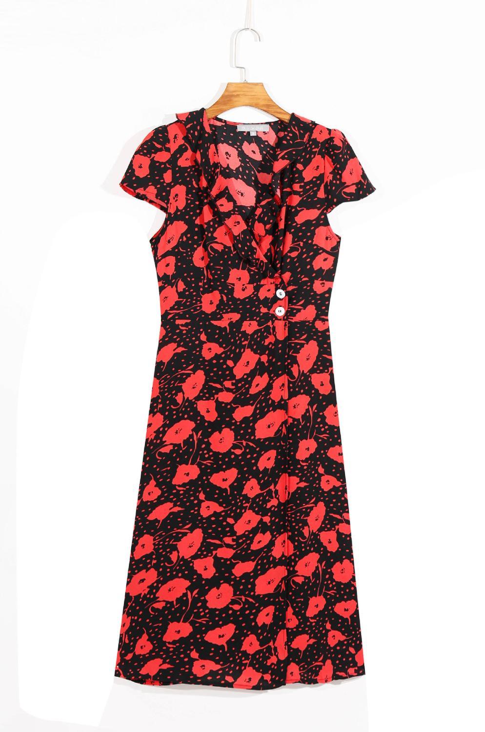 Vintage France style Ruffles Collar Flower Print Dress Holiday Woman Side Button Waist Slim Short Sleeve Midi Tea Dresses 210429