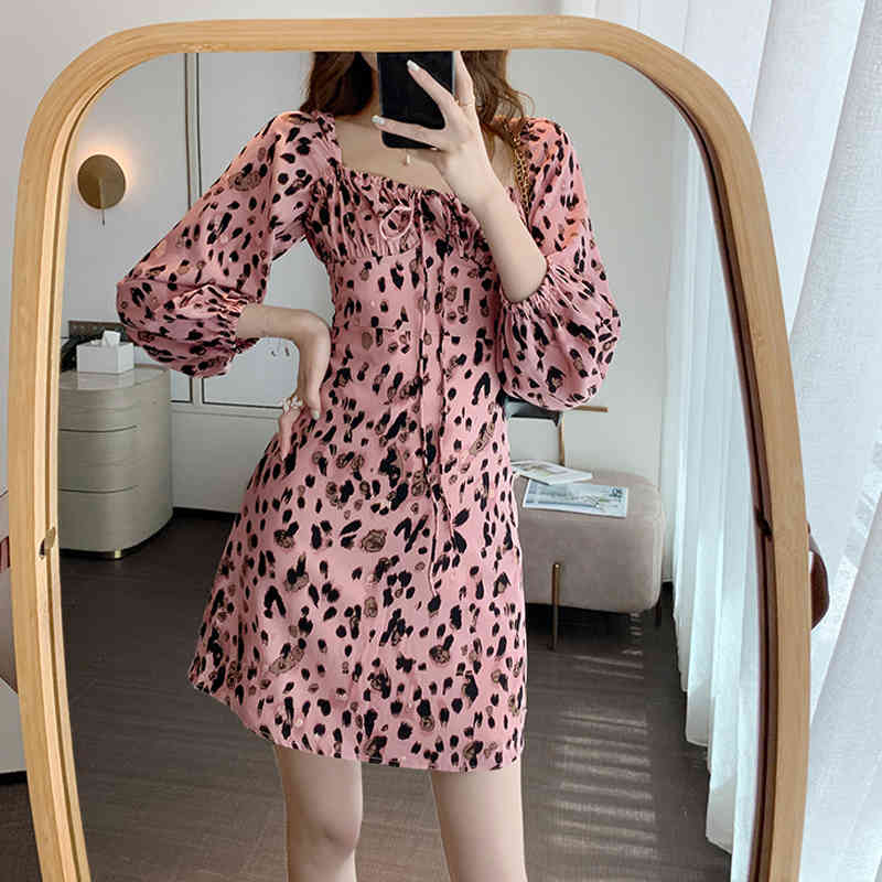 Square Collar Sweet Pink Dresses Women French Fashion Leopard Print Spring Office Lady Mini Vestidos 12974 210506