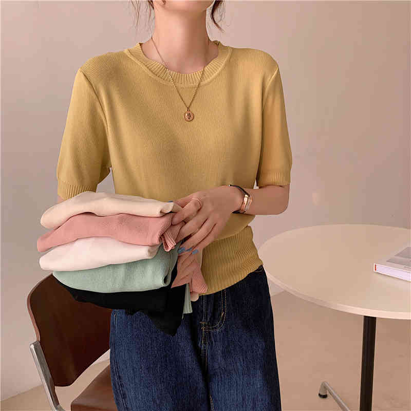 Summer Thin Knitted T Shirt Tees Women Short Sleeve O-neck Tops Solid Casual Fashion Korean T-shirt Femme 210514
