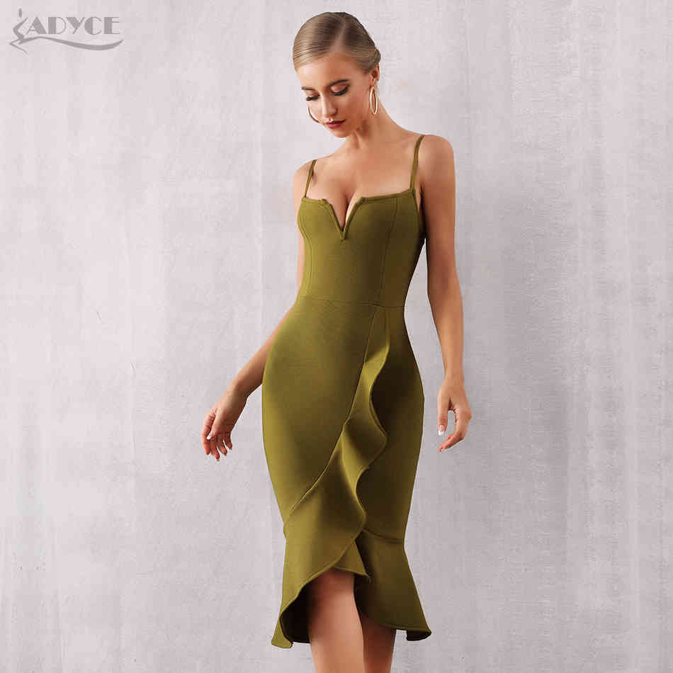 Summer Women Ruffles Bandage Dress Sexy Spaghetti Strap Sleeveless Mermaid Club Celebrity Evening Party 210423