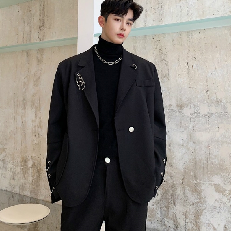 Autumn Winter Mens Blazer Jacket Retro Men's Black Blazer Suit Jackets Iron Ring Accessories Coat Club DJ Stage Clothes Costume 210527
