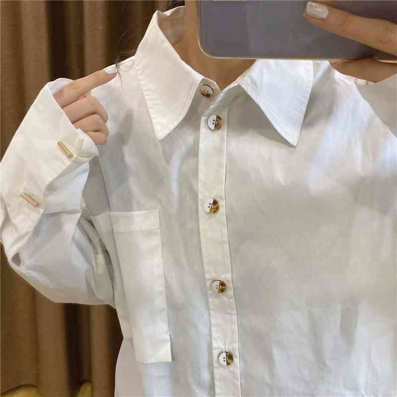 Elegant Women White Turn Down Collar Shirts Fashion Ladies Button Tops Streetwear Female Chic Cotton Loose Blouses 210527