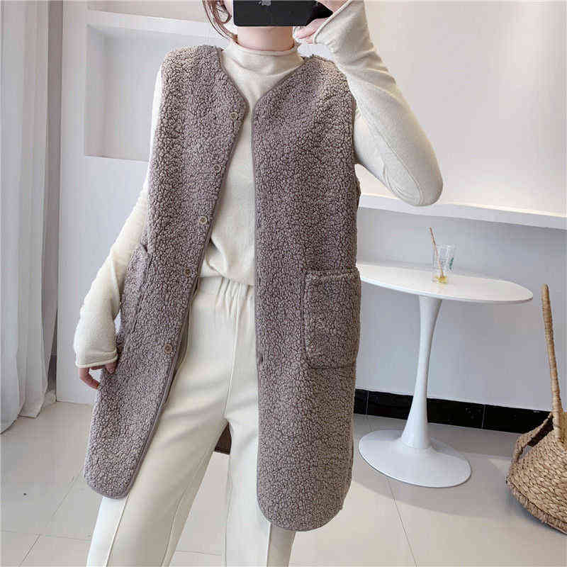Winter Long Vest Jackets Lamb Wool Thicken Waistcoat Women Button Up Single Breasted Pocket Outwear Sleeveless Coat Garment 211120
