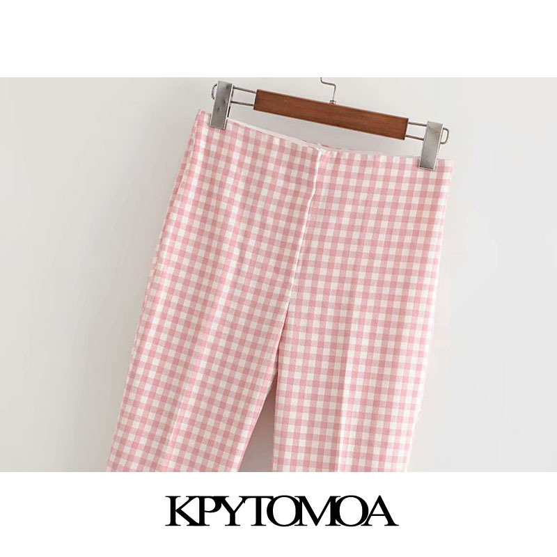 Women Chic Fashion Plaid Flare Pants High Elastic Waist Zipper Fly Female Ankle Trousers Pantalones Mujer 210420