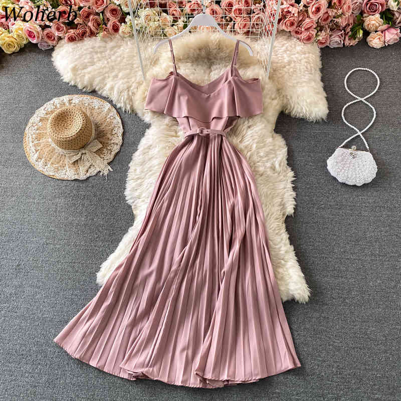 Summer Dress Party Beach Style Off Shoulder Vestidos Elegant Robe Sexy Vinatge Spaghetti Strap Pleated Dresses Women 210519