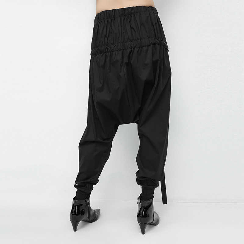 Spring Black Loose Elastic Waist Lace Up Spliced Personality Casual Harem Pants Fashion Women's LA982 211115