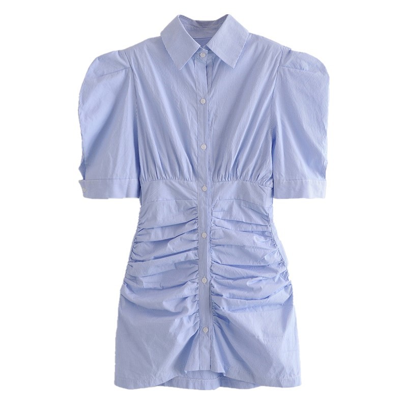 Retro Blue White Striped Pleated Ruched Mini Dress Woman Vintage Buttons Short Sleeve Puff Cuff Shirt Dresses Holiday 210429