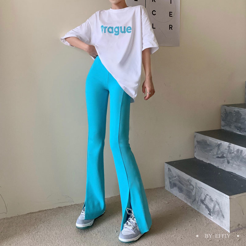 Pants & Capris Summer Thin Tight High Waist Split Blue Flare Pant Women All-match Black Grey Pantalones De Mujer Slim Casual 210429