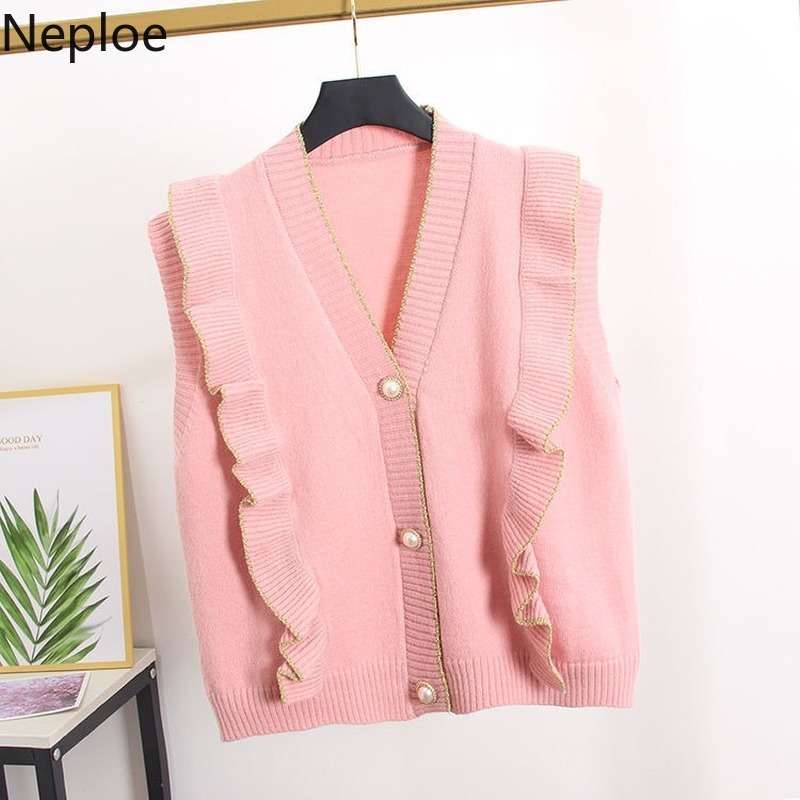 Neploe Knit Sweaters Vest Korean Loose V-neck Sleeveless Waistcoat Sweet Ruffles Fashion Coat Autumn Winter Clothes Tank Tops 210422