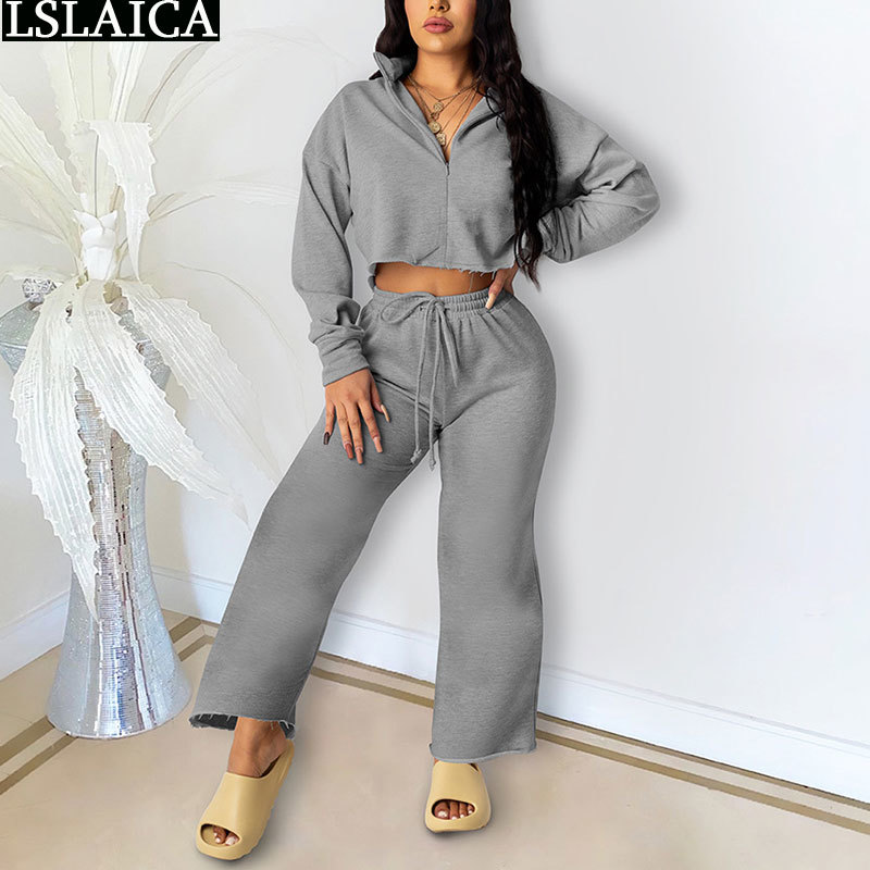 Casual Tracksuit Outfits Long Sleeve Zipper Crop Tops Strappy Loose Pants 2 Peice Sets for Women Solid Plus Size Autumn Conjunto 210520