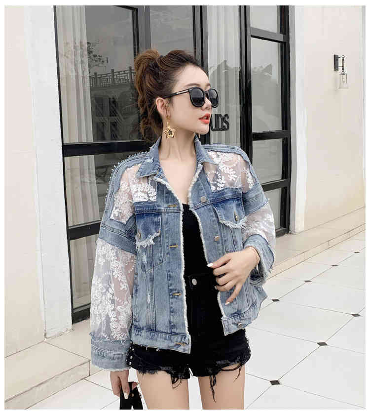 Fashion Women Hole Denim Jackets Coat Spring Summer Jean Patchwork Lace Embroidery Thin Loose Jackets 210518