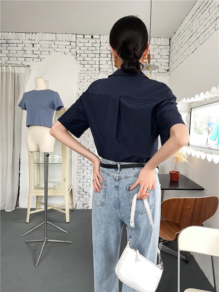 Summer Fashion Royal Blue Shirt Wome Short Sleeve Patch Button Up Collared Lapel Casual Top And Blouse 210427
