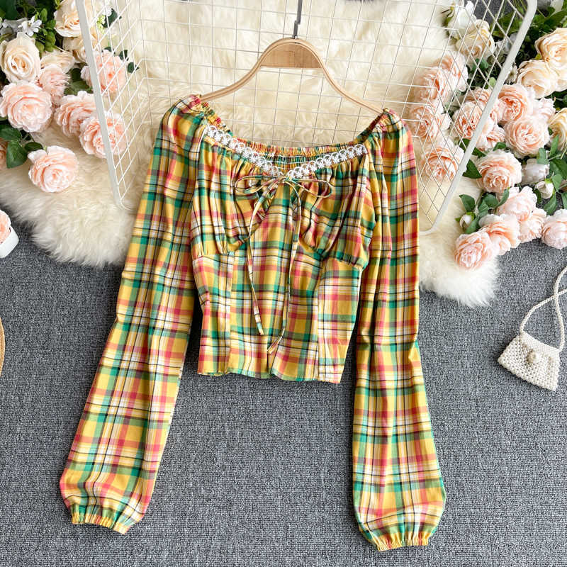 Women Fashion Vintage Ins V Collar Long-sleeved Check Short Shirt Tops Clothing Ropa De Mujer Blouse R739 210527