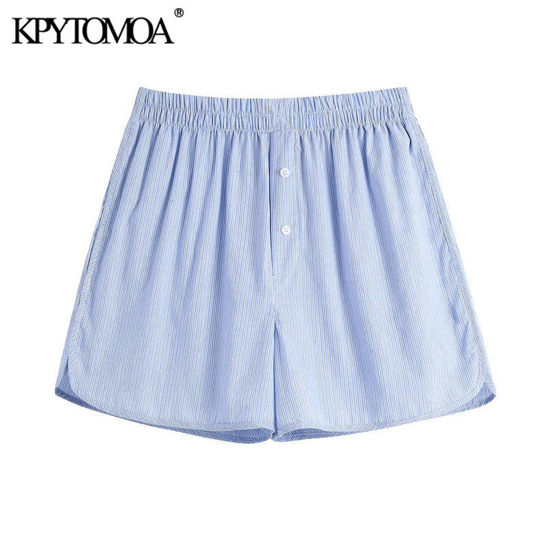 Women Fashion Side Pockets Striped Bermuda Shorts Vintage High Elastic Waist Split Hem Female Short Pants Mujer 210416