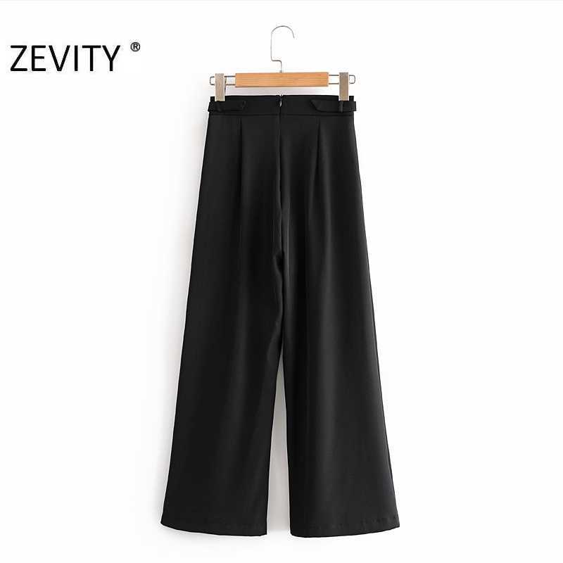 ZEVITY Women buckle decoration black split wide leg pants femme back zipper casual slim Trousers office wear chic pants P915 210603