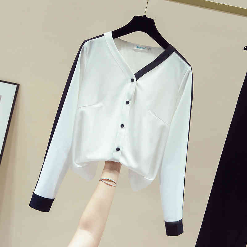 Spring and Autumn Chiffon Shirts Women V-neck Loose Tops Shirt Office Lady Blouse Korean Fashion Clothing Solid Blusas 11155 210506