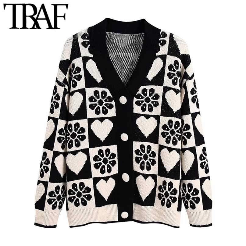 TRAF Women Fashion Jacquard Loose Knit Cardigan Sweater Vintage Long Sleeve Covered Buttons Female Outerwear Chic Tops 211011Z