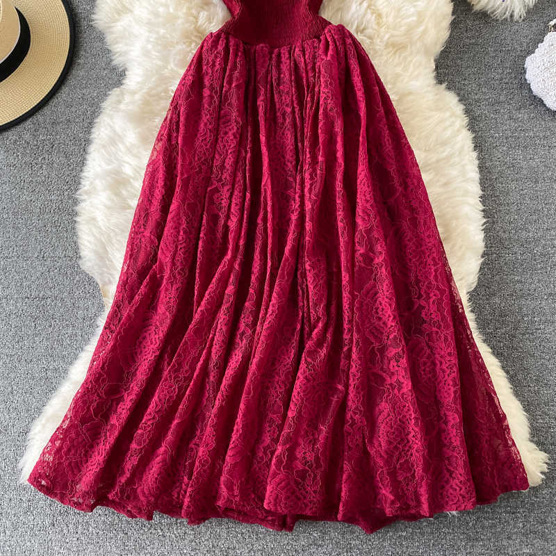 Vintage Purple/Green/Red Lace Midi Dress Women Sweet Round Neck Ruffle Vestidos Female High Waist Slim Robe Spring Autumn 210630