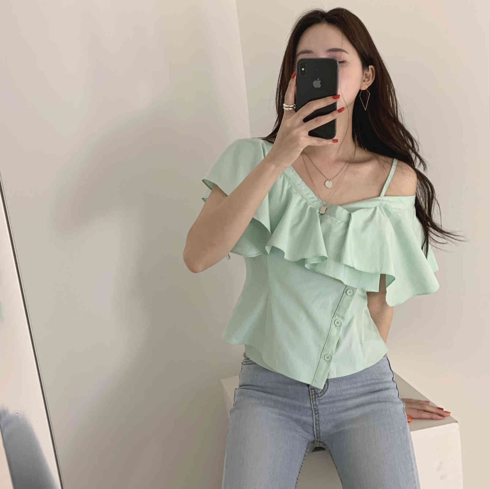 Chic Korean Fashion Clothing Summer Sexy Blue V Neck Off Shoulder Ruffles Blouse Women Irregular Short Blusas De Mujer Wild 210429