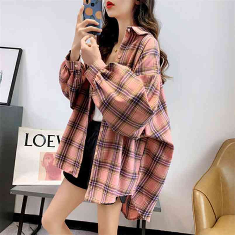 Spring Summer Korea Fashion Women Long Sleeve Turn-down Collar Plaid Shirts Loose Casual Cotton Blouse Femme Blusas S793 210512