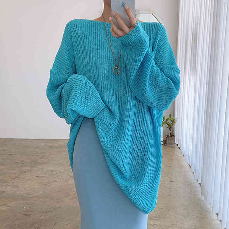 Women Sweater Summer Korean Chic Simple Lazy Style Candy Color Long-Sleeved Thick Needle Anti-Sei Knit Pullover 210514