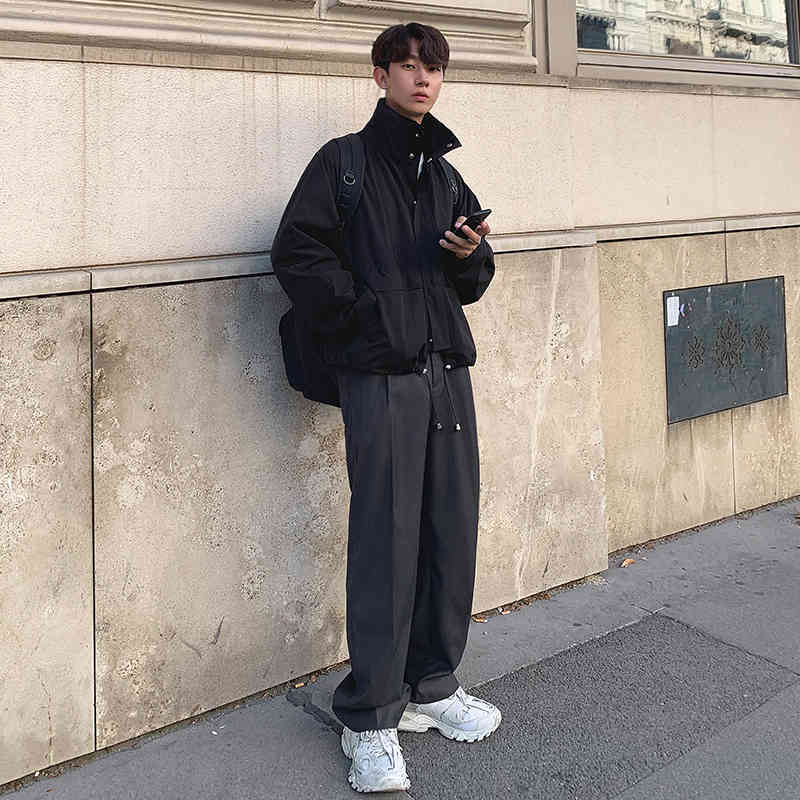 IEFB Men's Wear 1 Spring Drawstring Loose Coat Male Trend Casual Stand Collar Oversize Jacket With Pockets Korean 9Y901 210524