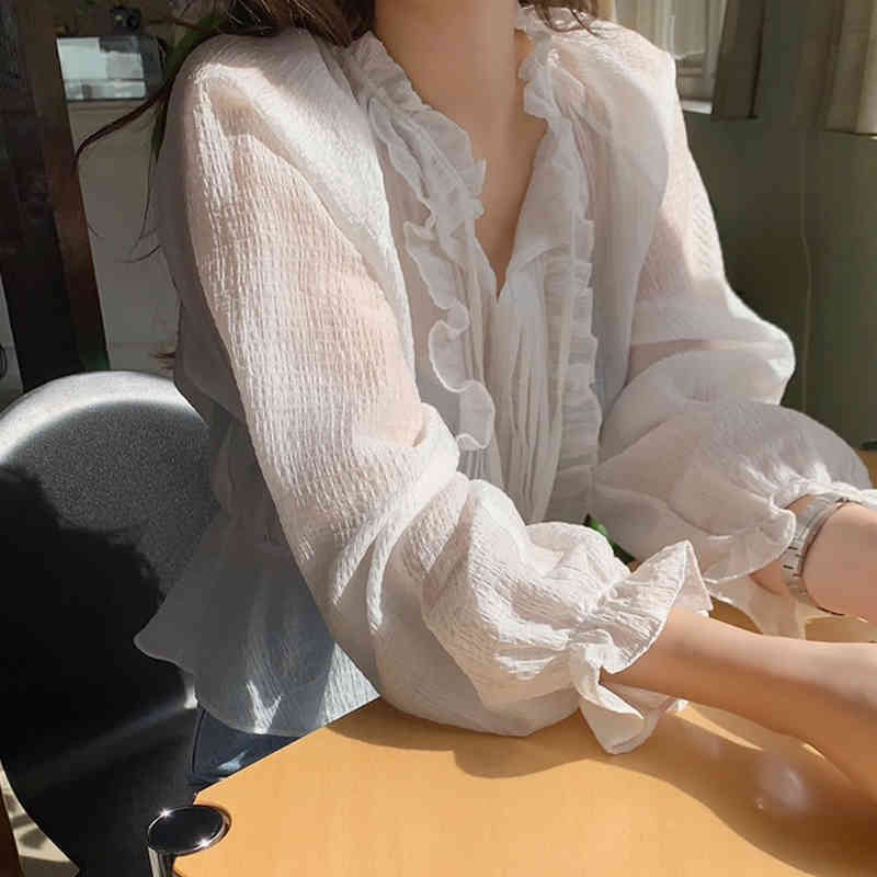 Fashion Lace Up Chiffon Women Blouse Casual Puff Sleeve Shirts Solid Color Ladies Tops Spring Clothing 13611 210508