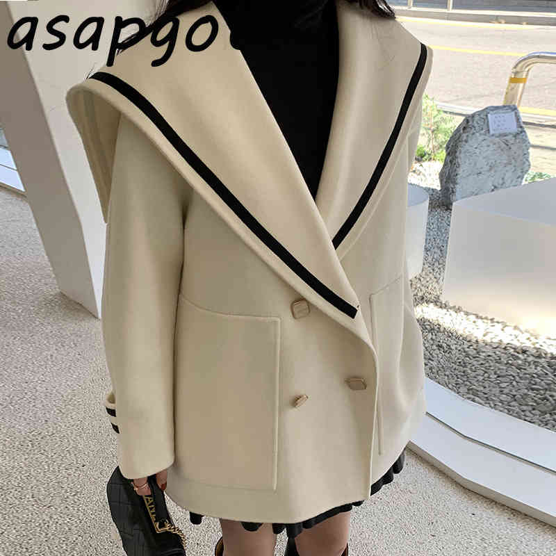 Quilted Coats & Jackets Wool Blends Contrast Sailor Collar Woolen Coat Women Double Breasted Loose Big Pockets Full 210429
