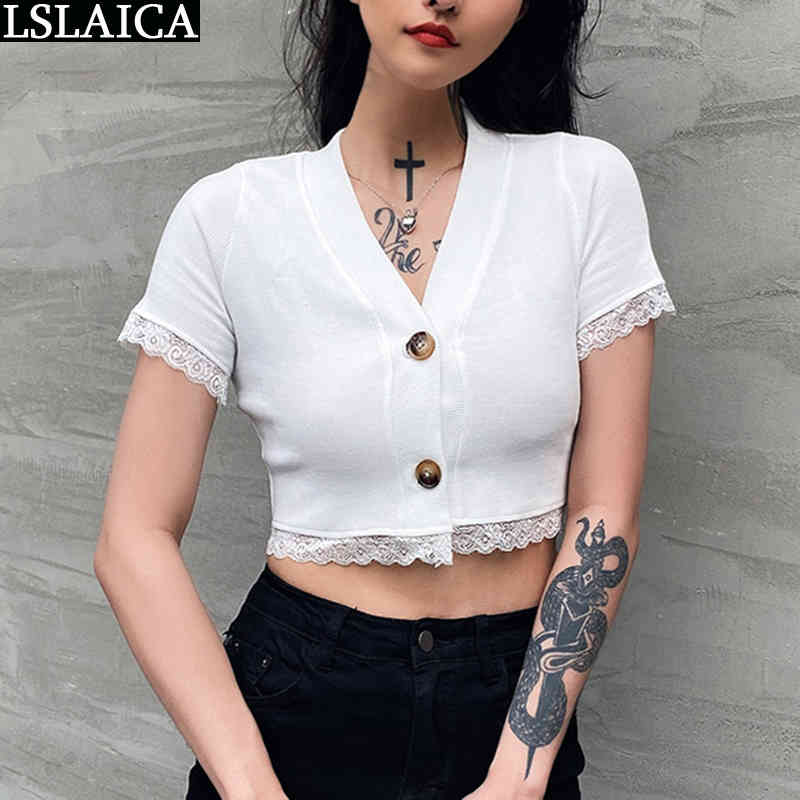 White women T-shirt Deep V-neck button short sleeve lace patchwork t shirt casual elegant slim knitted office shirts 210520
White women T-shirt Deep V-neck button short sleeve lace patchwork t shirt casual elegant slim knitted office shirts 210520