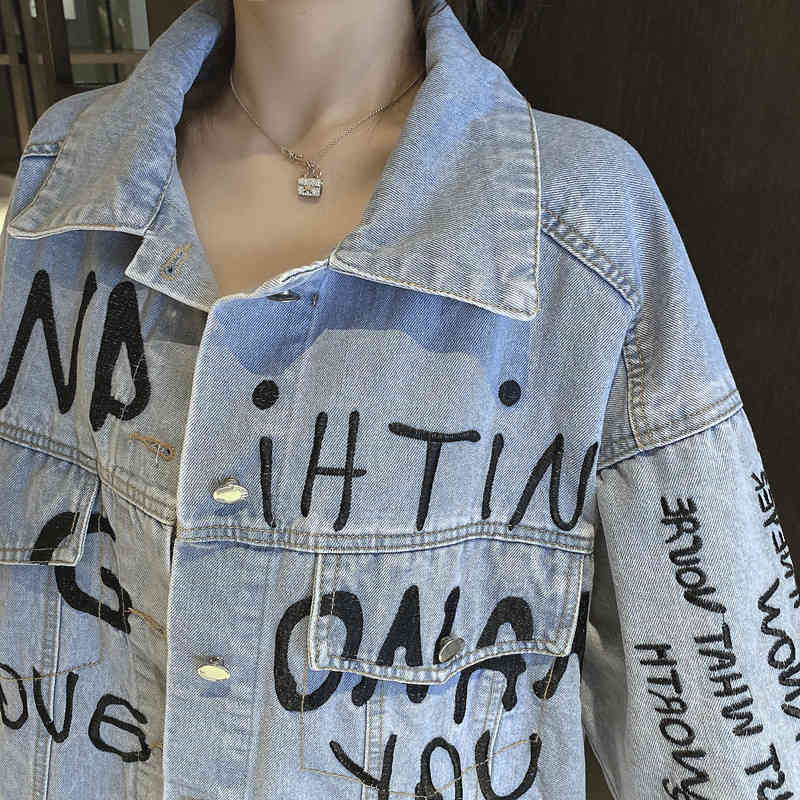 Spring Fashion Letter Embroidered Casual Denim Jacket Women's Long sleeve High street Jean Coat Femme 210519