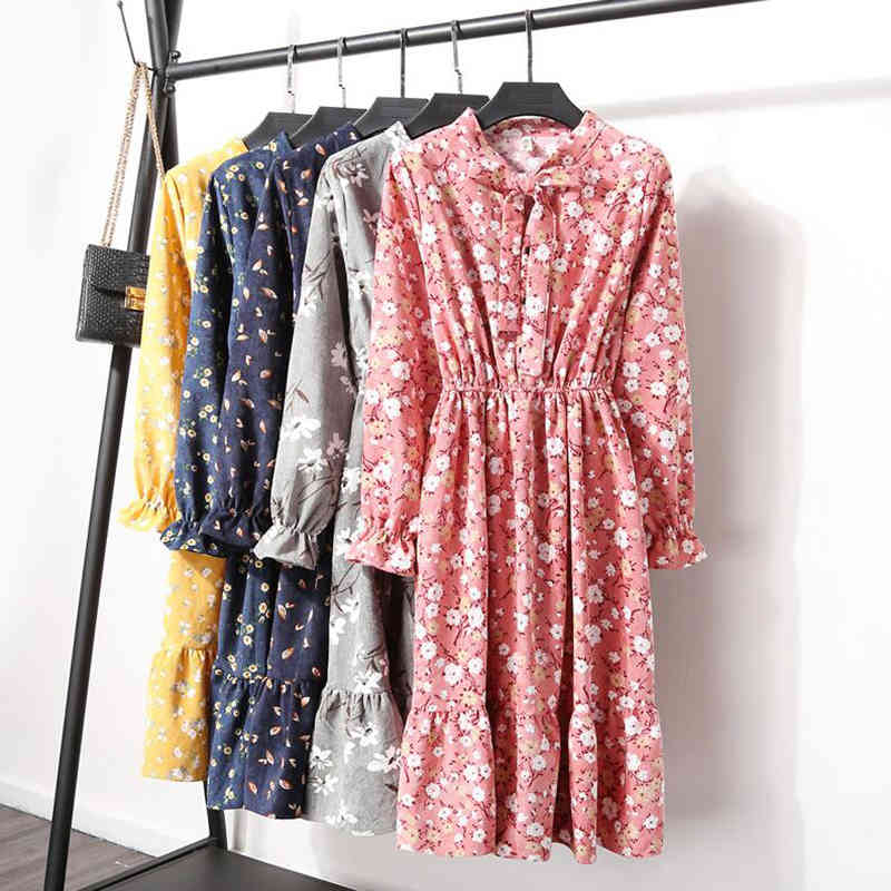 Autumn Winter Corduroy Vintage Dress Women Single-breasted Elastic Waist Floral Print Dresses Party Long Sleeve Dress Vestidos 210521