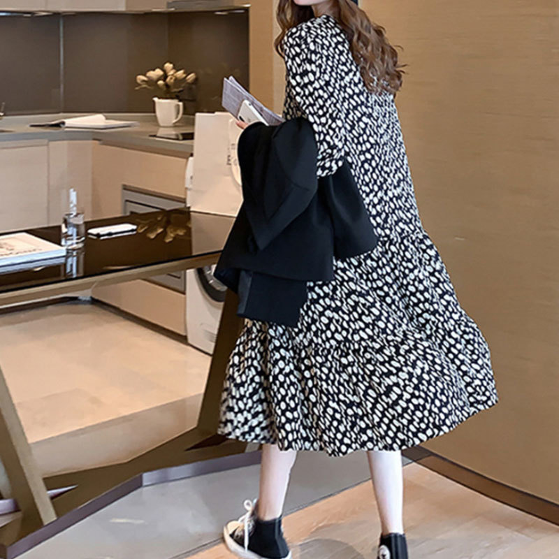 Women Plus Size XL-5XL Ladies Long Sleeve Slim O Neck Shirt Spring Dot Print Robe Lined Dress D0N309N 210416